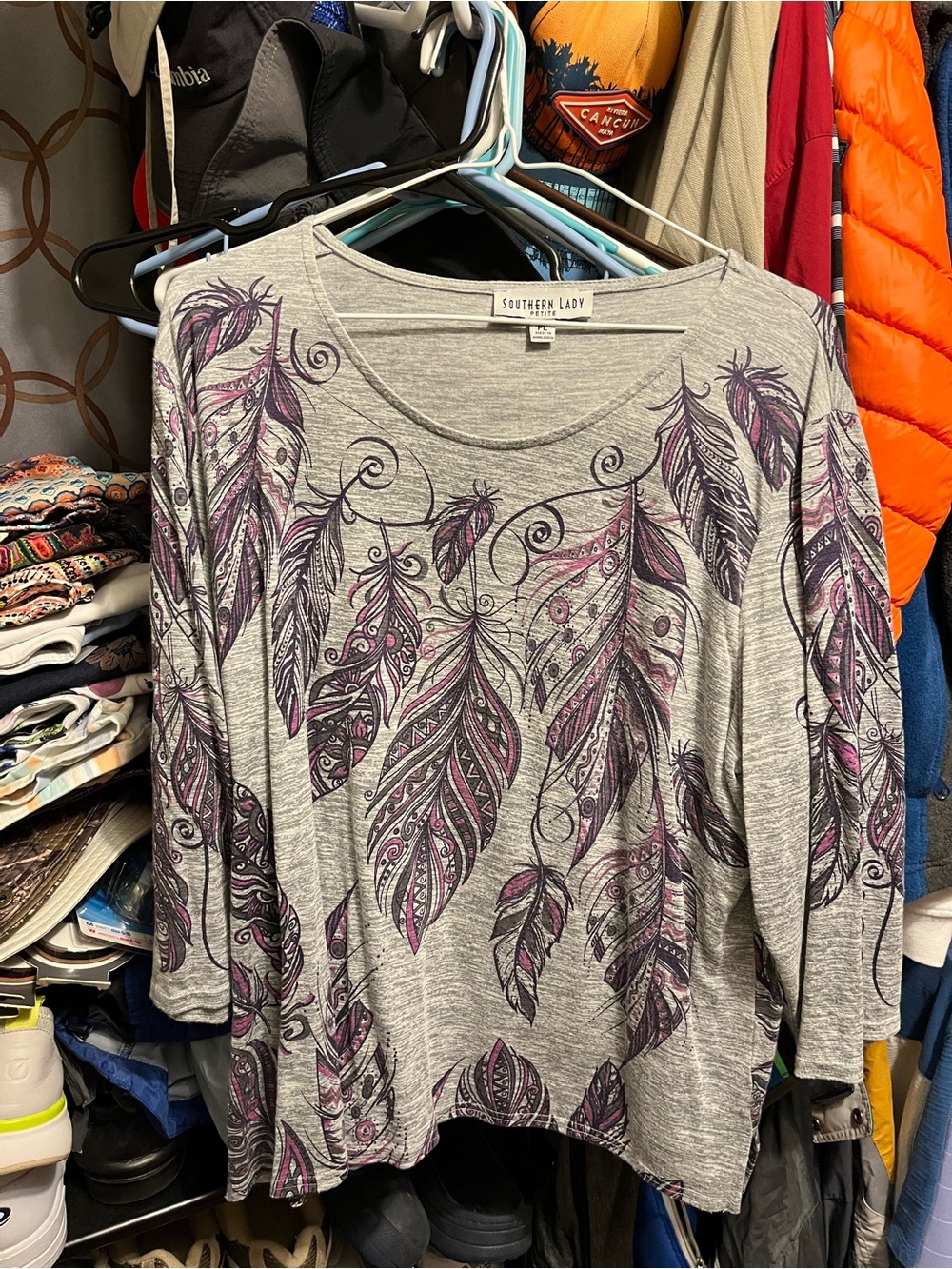 Southern Lady Gray Tunic with Purple Feather Motif